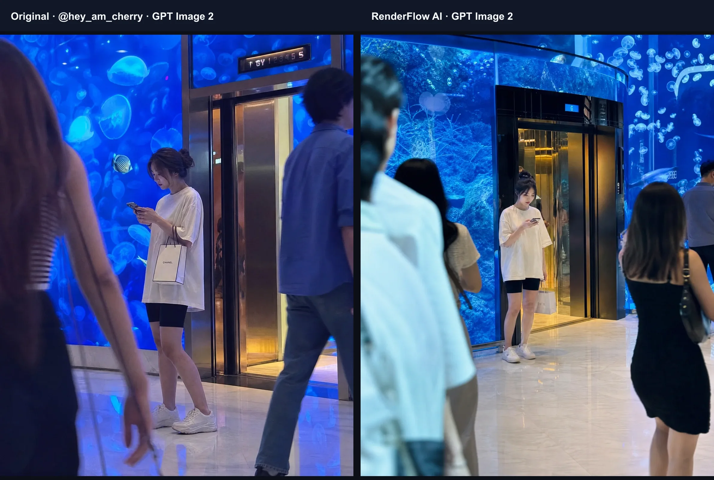 Side-by-side GPT Image 2 aquarium mall prompt comparison, with the original image by @hey_am_cherry and a RenderFlow AI result