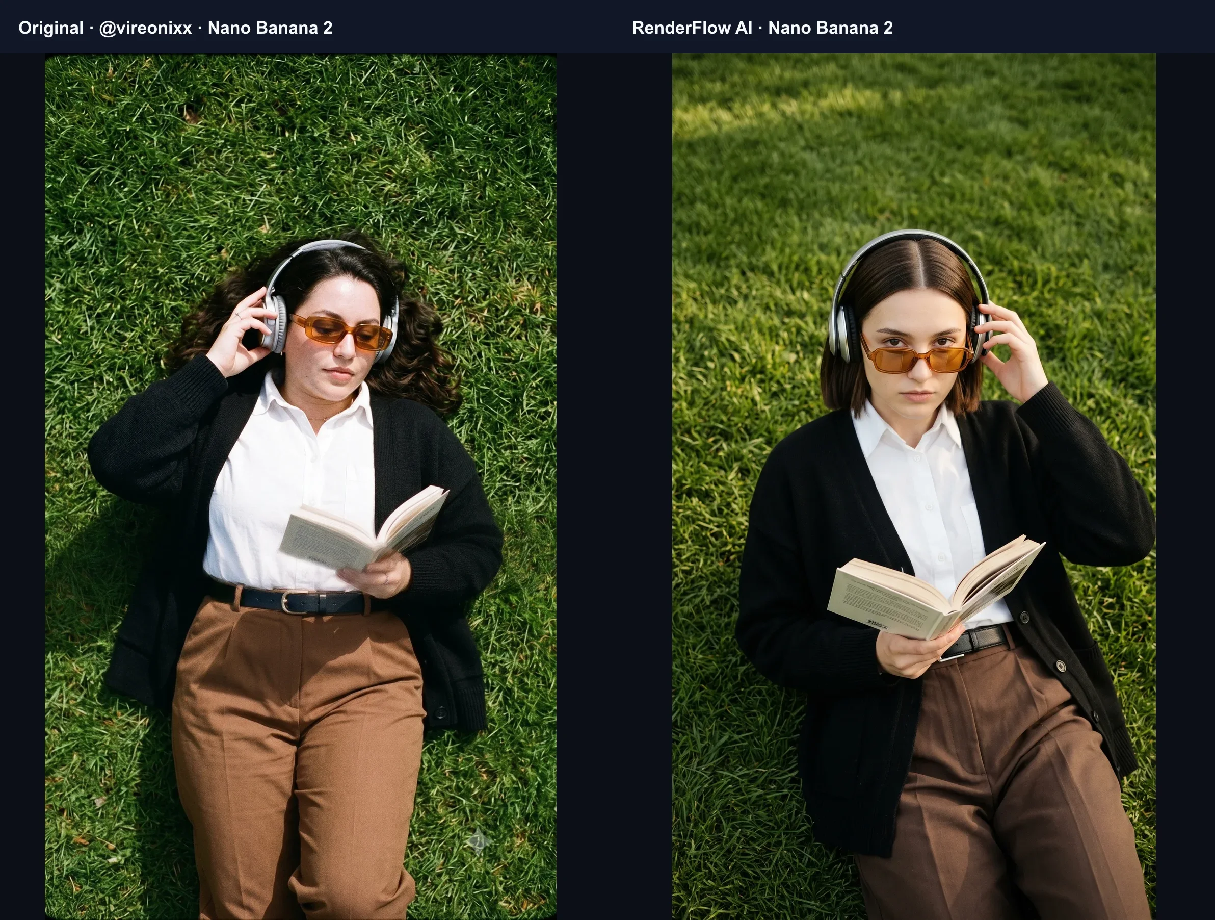 Side-by-side Nano Banana 2 fashion editorial prompt comparison, with the original image by @vireonixx and a RenderFlow AI result