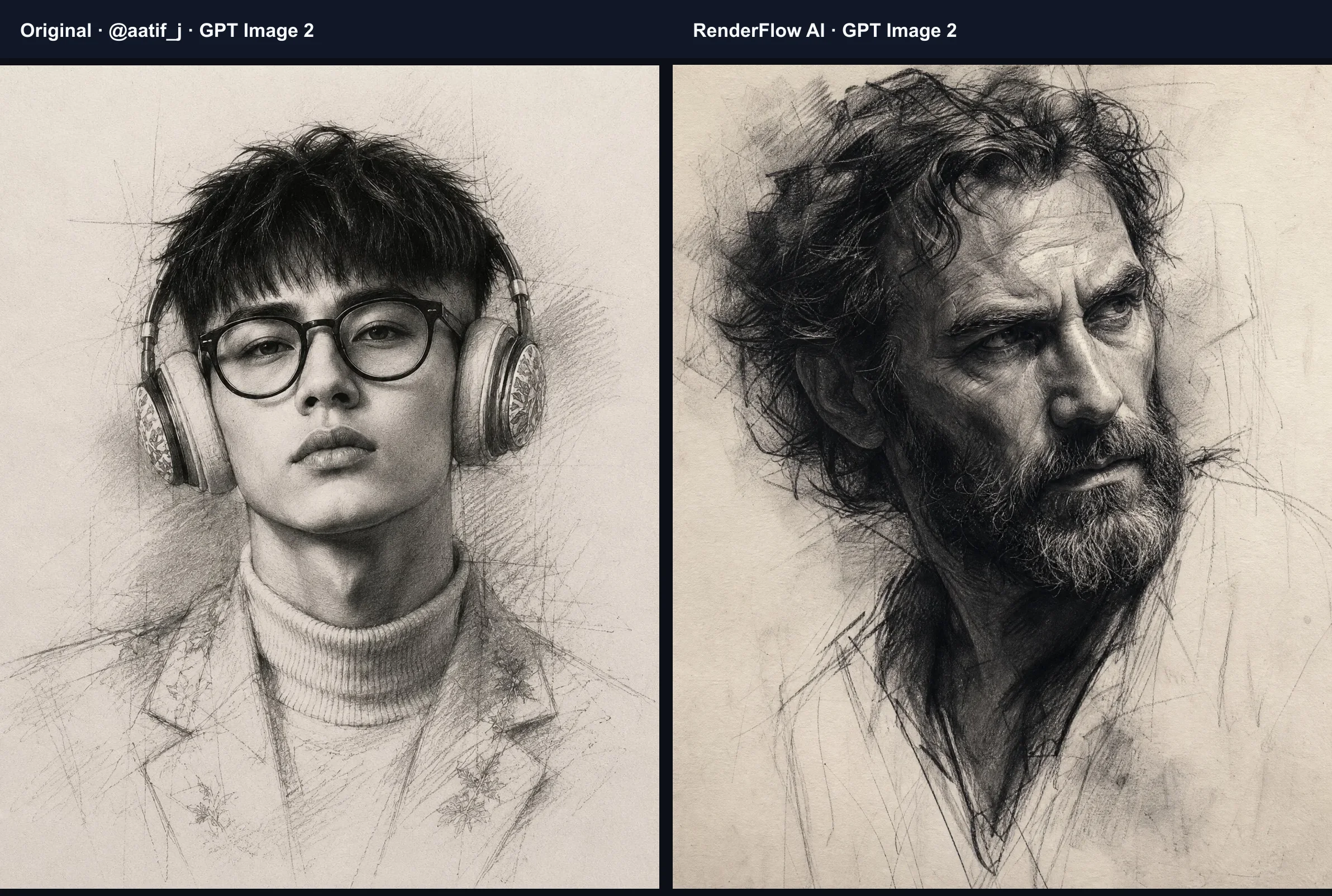 Side-by-side GPT Image 2 graphite portrait prompt comparison, with the original image by @aatif_j and a RenderFlow AI result