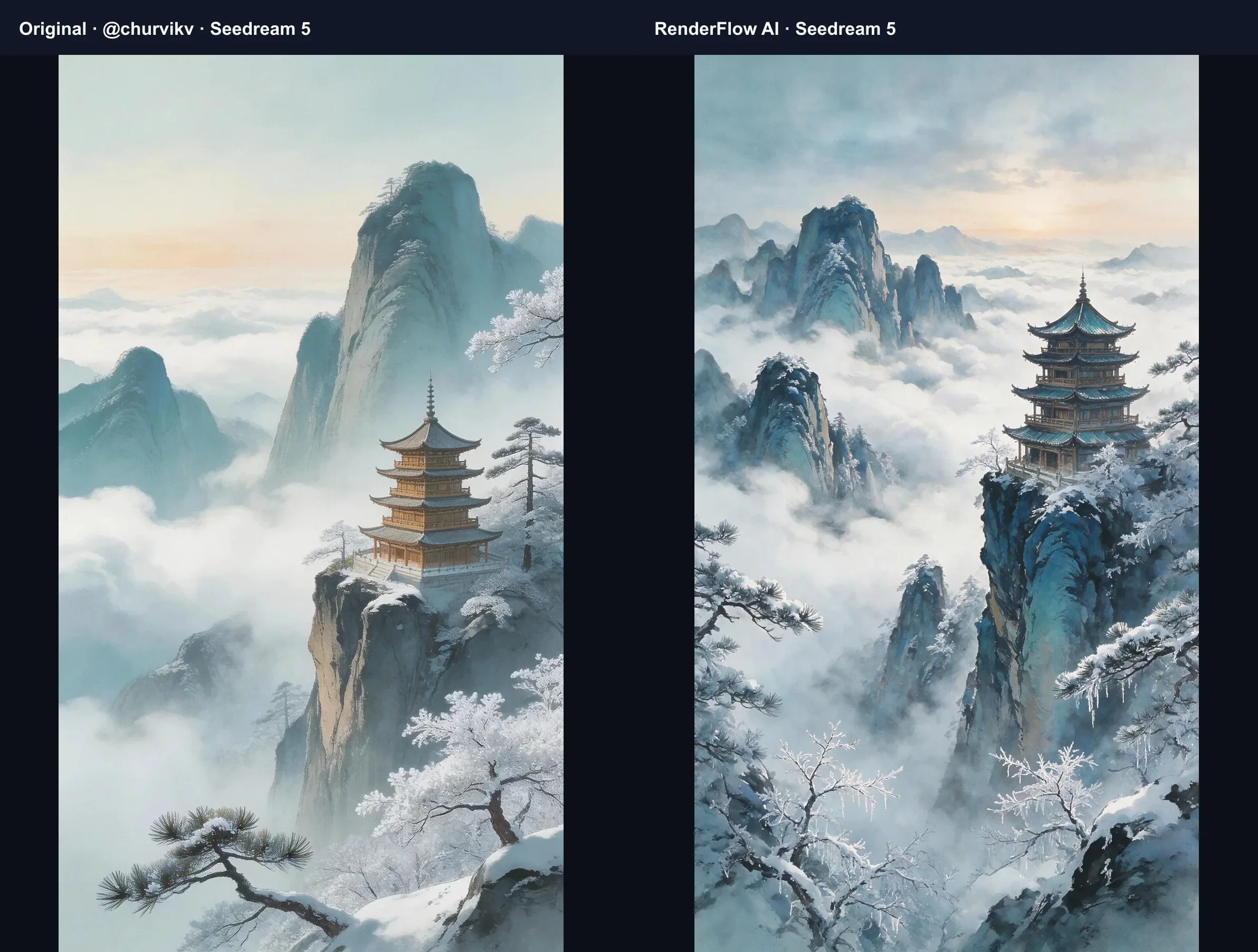 Side-by-side Seedream 5 ink-wash pagoda prompt comparison, with the original image by @churvikv and a RenderFlow AI result