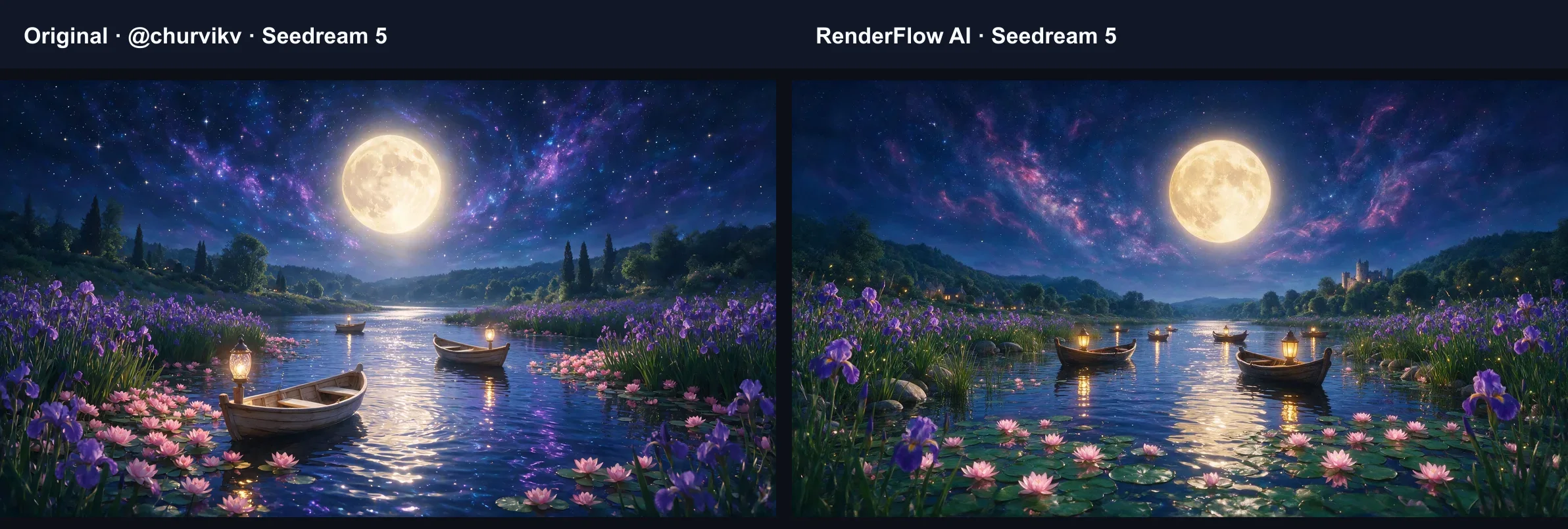 Side-by-side AI image prompt test showing two moonlit fantasy river scenes