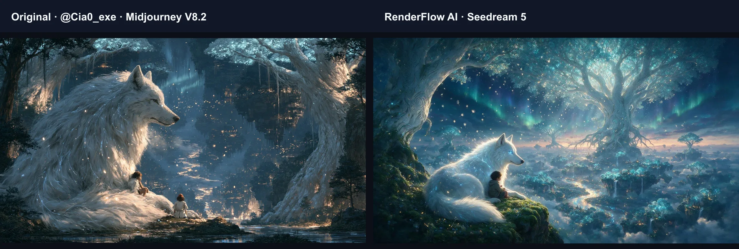 Side-by-side fantasy spirit wolf prompt comparison, with the Midjourney v8.2 original by @Cia0_exe and a Seedream 5 result from RenderFlow AI