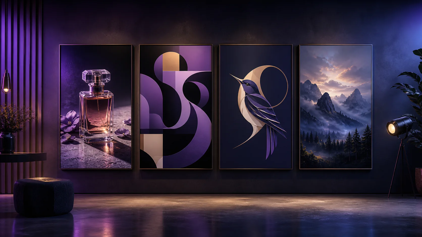 Gallery of product photography, abstract typography, logo design, and cinematic landscape styles representing Midjourney alternatives