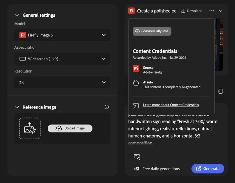 Anonymized Adobe Firefly Content Credentials panel showing the commercially safe label and AI-generated provenance
