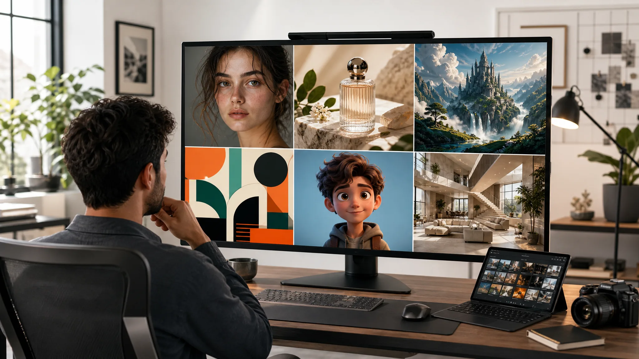 Creator comparing six free AI image generator results for portraits, products, fantasy art, posters, characters, and interiors
