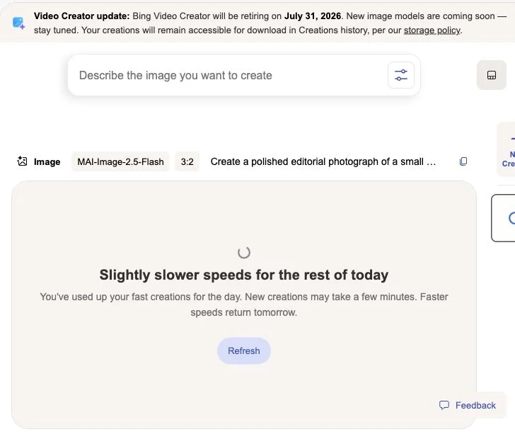 Anonymized Microsoft Image Creator test showing the MAI-Image-2.5-Flash model and slower generation queue