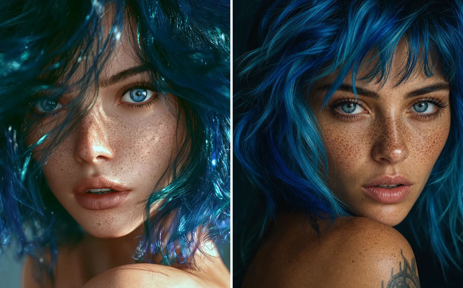 Midjourney V8.2 on the left and GPT Image 2 on the right generating a close portrait with blue hair and freckles