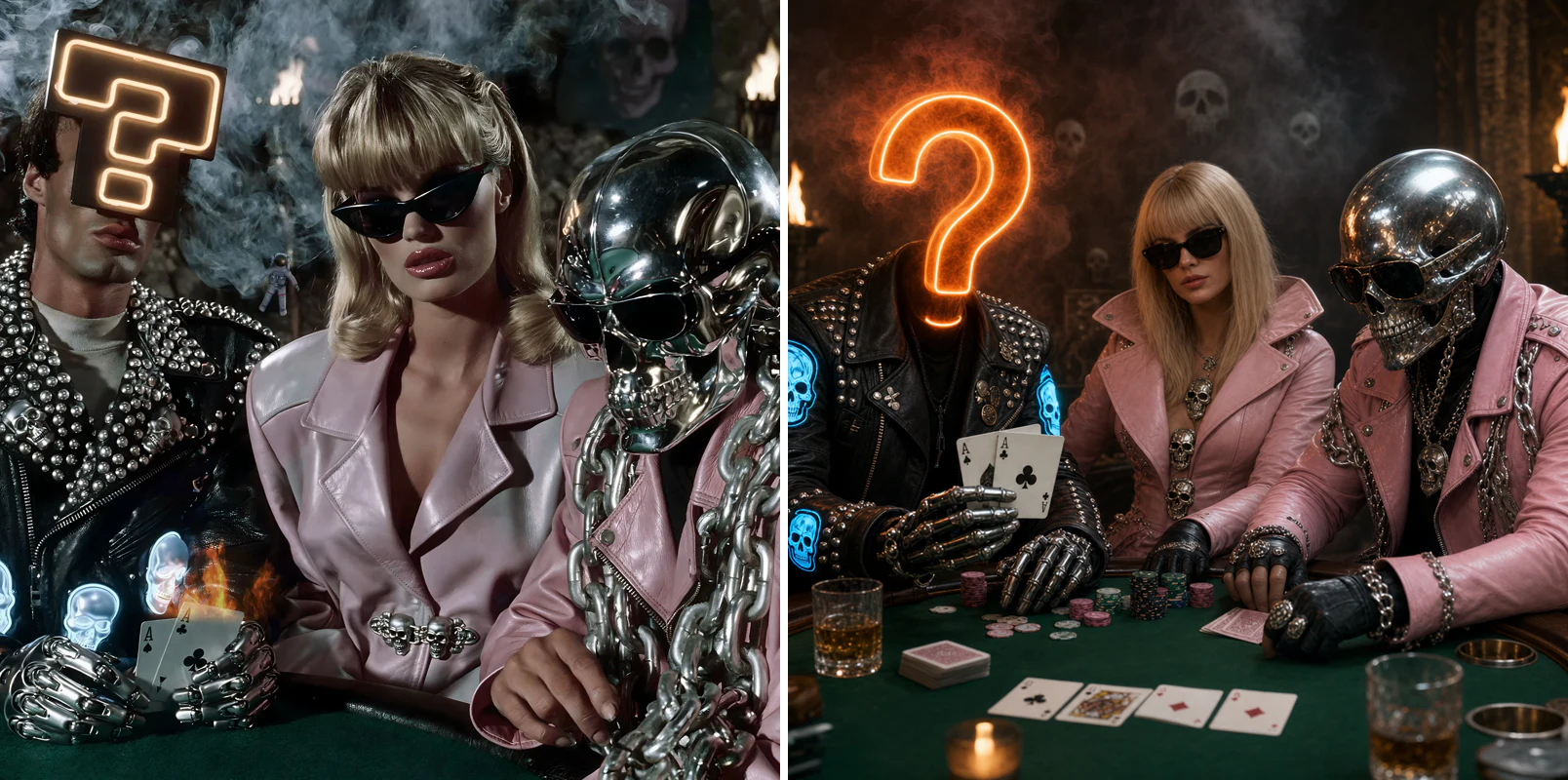 Midjourney V8.1 and GPT Image 2 comparison of three futuristic characters at a card table