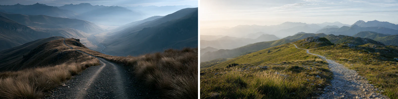 Midjourney V8.1 on the left and GPT Image 2 on the right generating a panoramic mountain trail