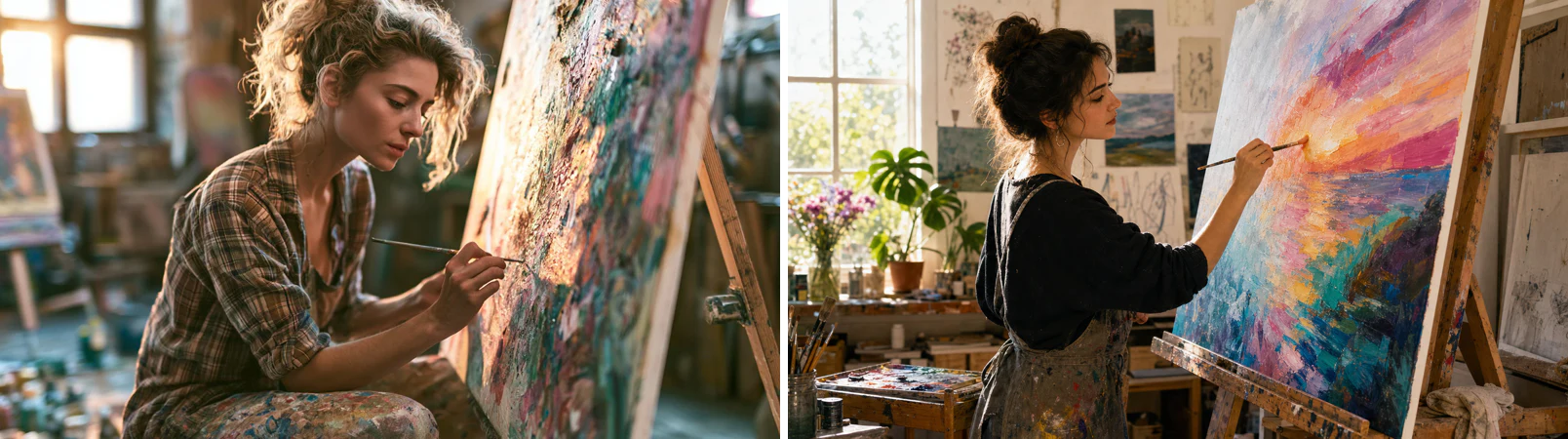 Midjourney V8.1 on the left and GPT Image 2 on the right showing a woman painting in a sunlit studio