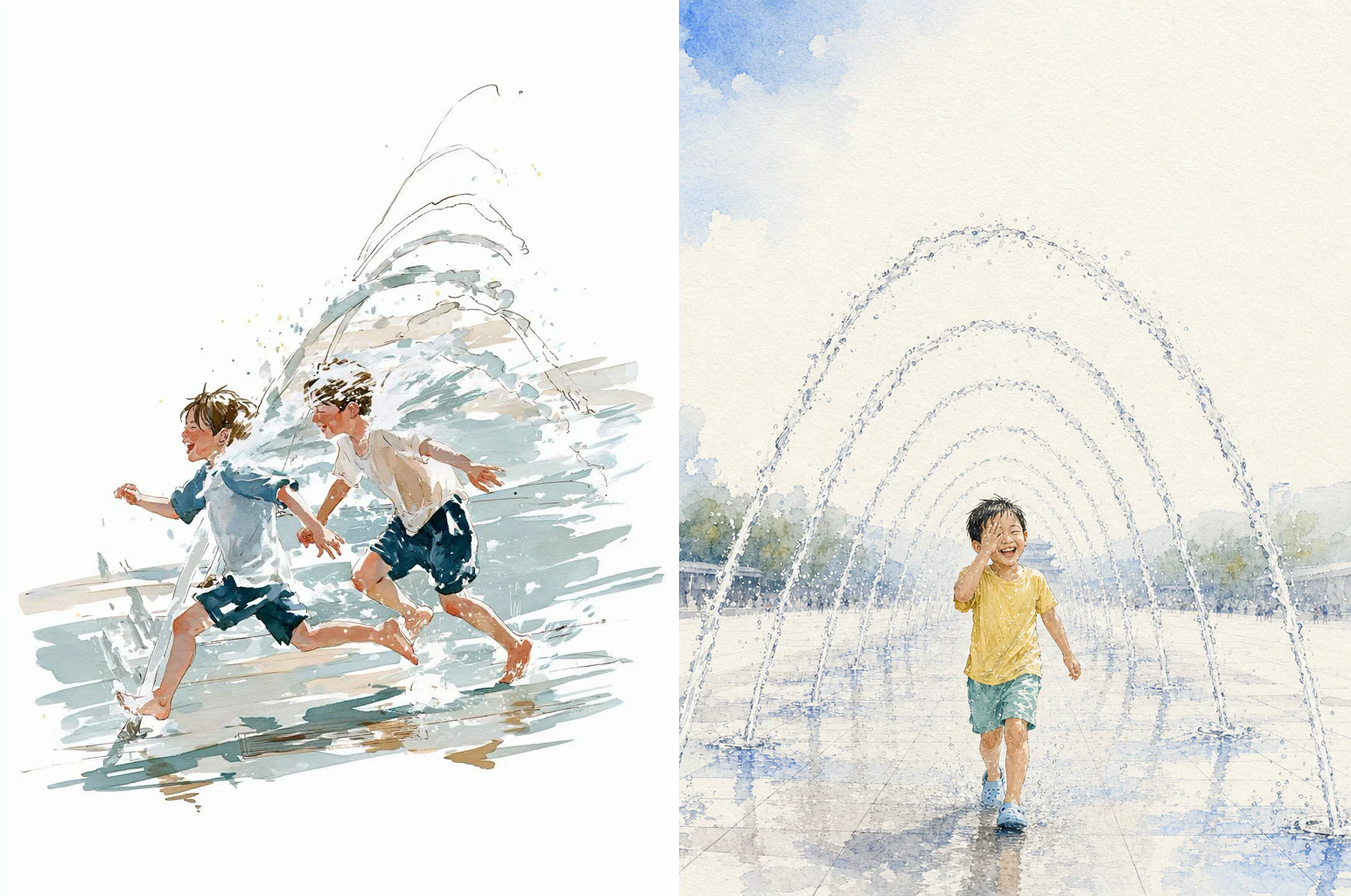 Midjourney V8.2 on the left and GPT Image 2 on the right illustrating a child running through fountain jets in watercolor