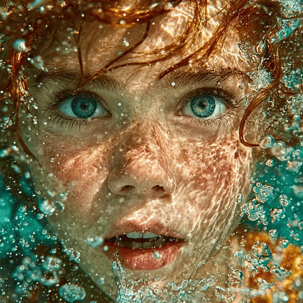 AI generated photorealistic image of woman in crystal clear water with stunning reflections