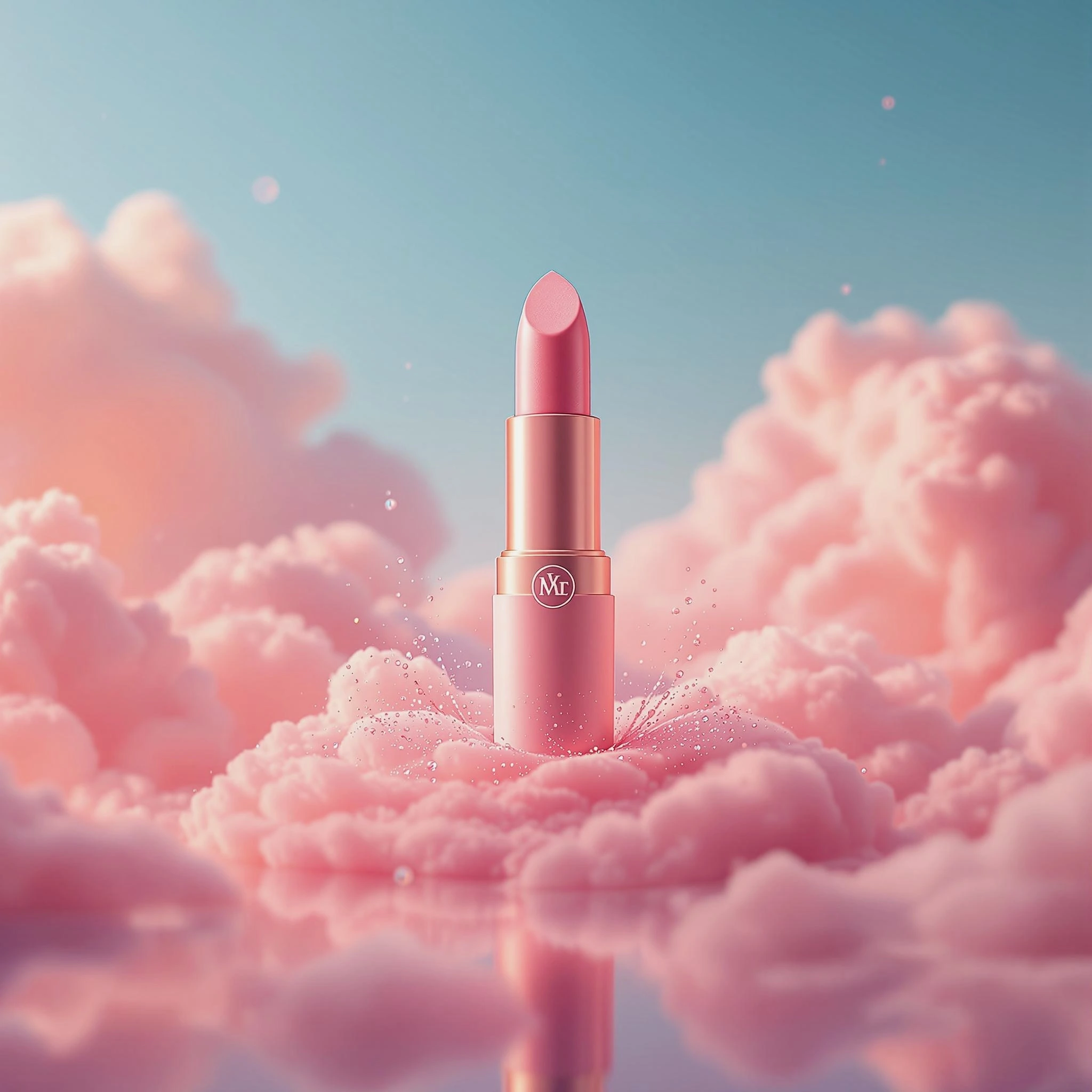 Cinematic product commercial, 16 × 9, 8 K. A single satin‑finish lipstick hovers center‑frame on a swirling cumulus pedestal. Soft pink–peach key light caresses the bullet, creating a luminous highlight on the embossed logo. Behind, a gradient sky (baby‑blue → blush) melts into airy cotton‑candy wisps that drift in slow motion. Tiny holographic glitter motes glimmer around the cap, caught by a narrow depth‑of‑field bokeh. Matte‑black floor plane with faint reflection for luxury feel; generous empty space in top‑right for logo and tagline overlay