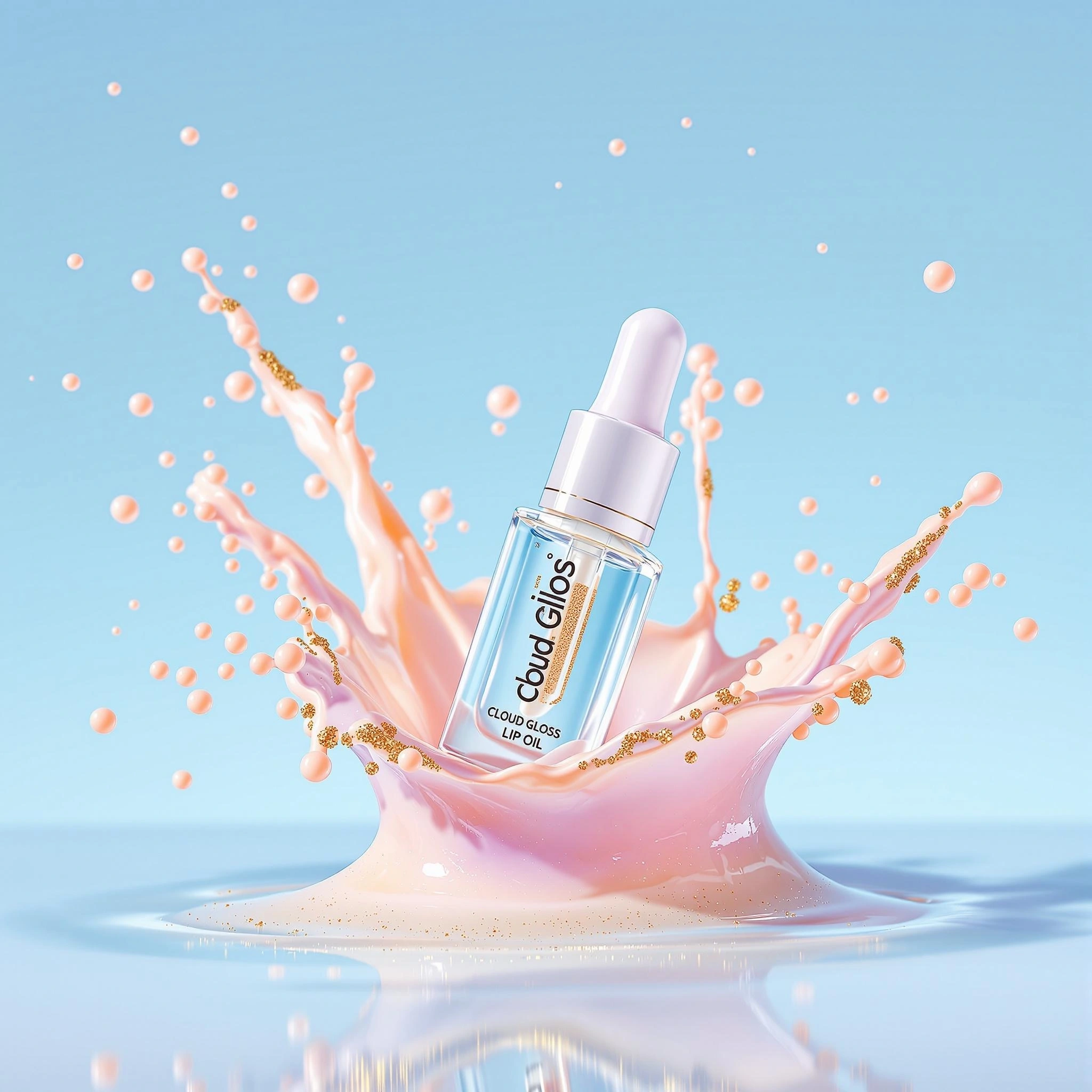Macro splash shot, 1 × 1 for Instagram grid. Transparent lip‑oil vial plunges into a pool of cotton‑floss nectar—viscous pastel fluid that splashes upward as sculpted ribbons. High‑speed flash freezes droplets; each is embedded with gold micro‑glitter that catches key and kicker lights. Clean sky‑blue backdrop; vial tilted 15° so logo faces camera; upper quadrant stays uncluttered for call‑to‑action sticker.