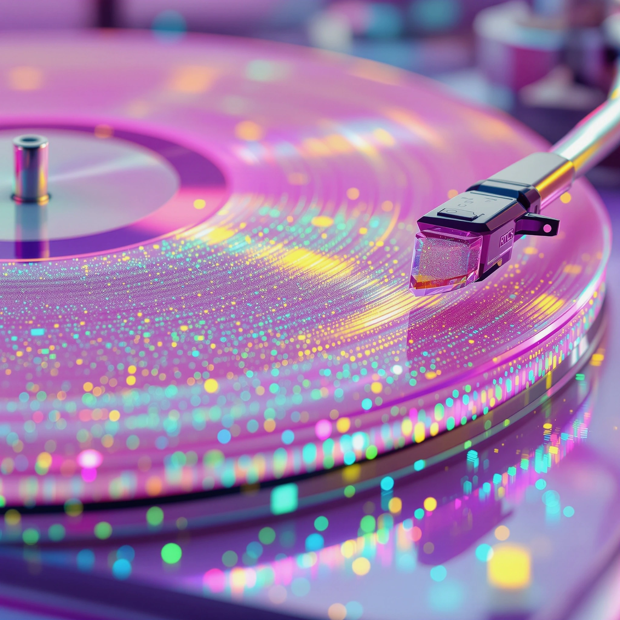 Close‑up of a hot‑pink cotton‑candy turntable spinning a record whose grooves are spun sugar, tiny crystalline sprinkles glinting like stars. Background melts into pastel blues and lavenders, misty studio lights, shallow depth of field, cinematic macro photography style.