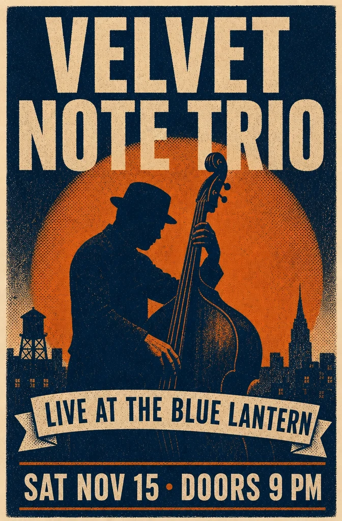 Jazz concert poster edited with GPT Image 2 Edit to change the band name, date, and venue text while preserving the original artwork