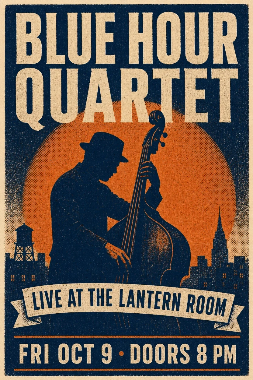 Original jazz concert poster with a double bass silhouette