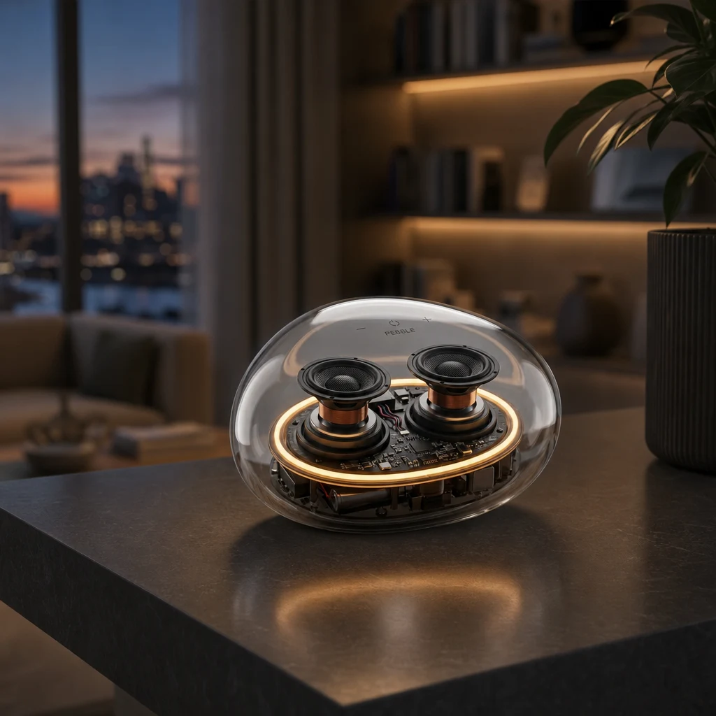 Transparent speaker moved into a dusk living-room scene by GPT Image 2 Edit with realistic contact shadows