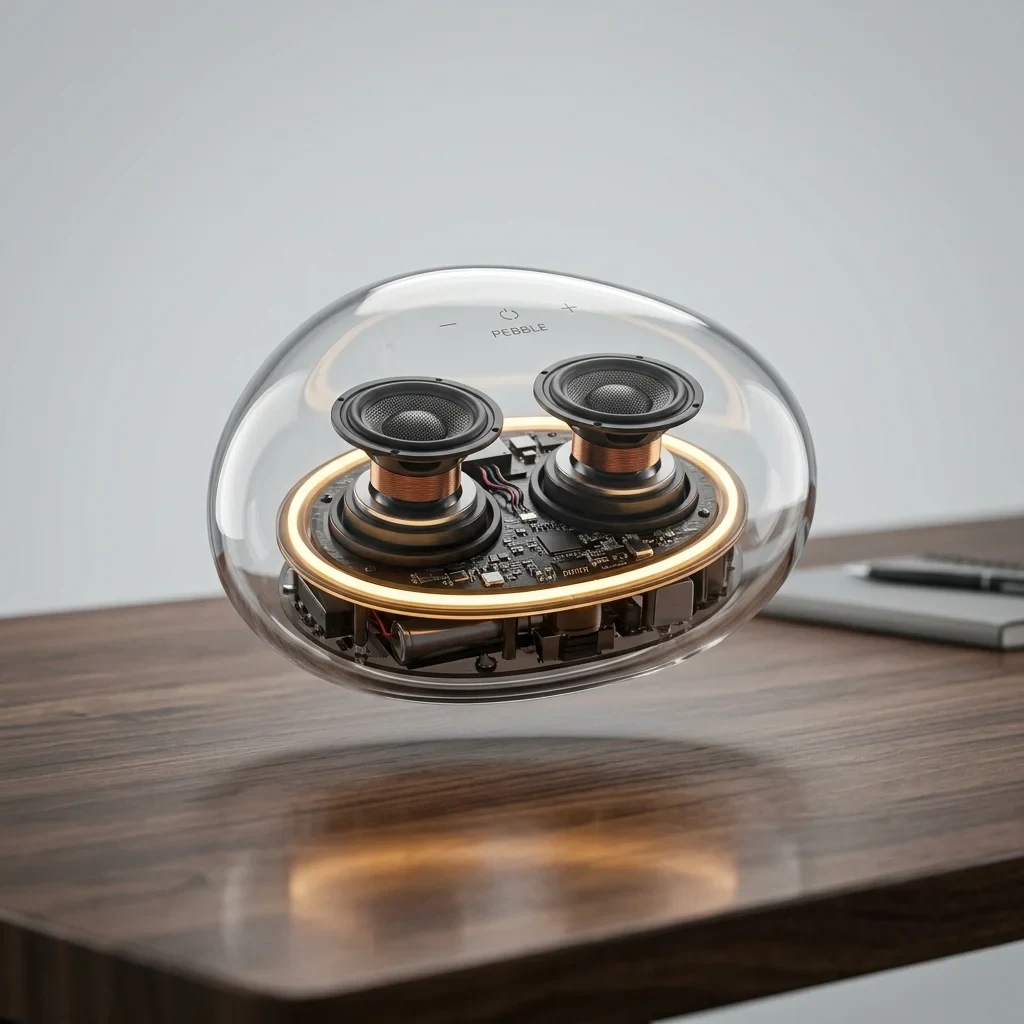 Transparent pebble speaker on a light studio desk