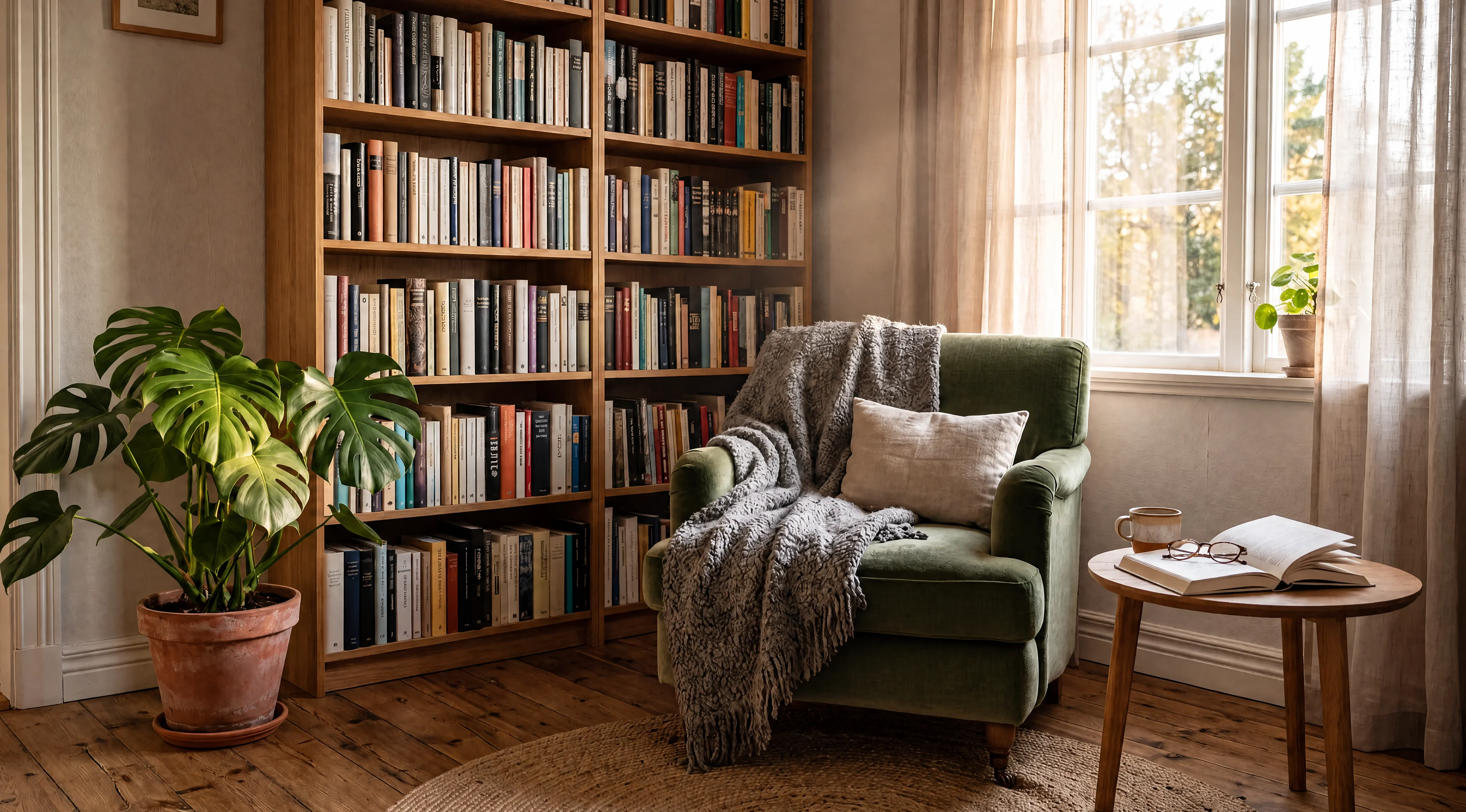 Reading nook edited with GPT Image 2 Edit to change the armchair to sage-green velvet while preserving the room
