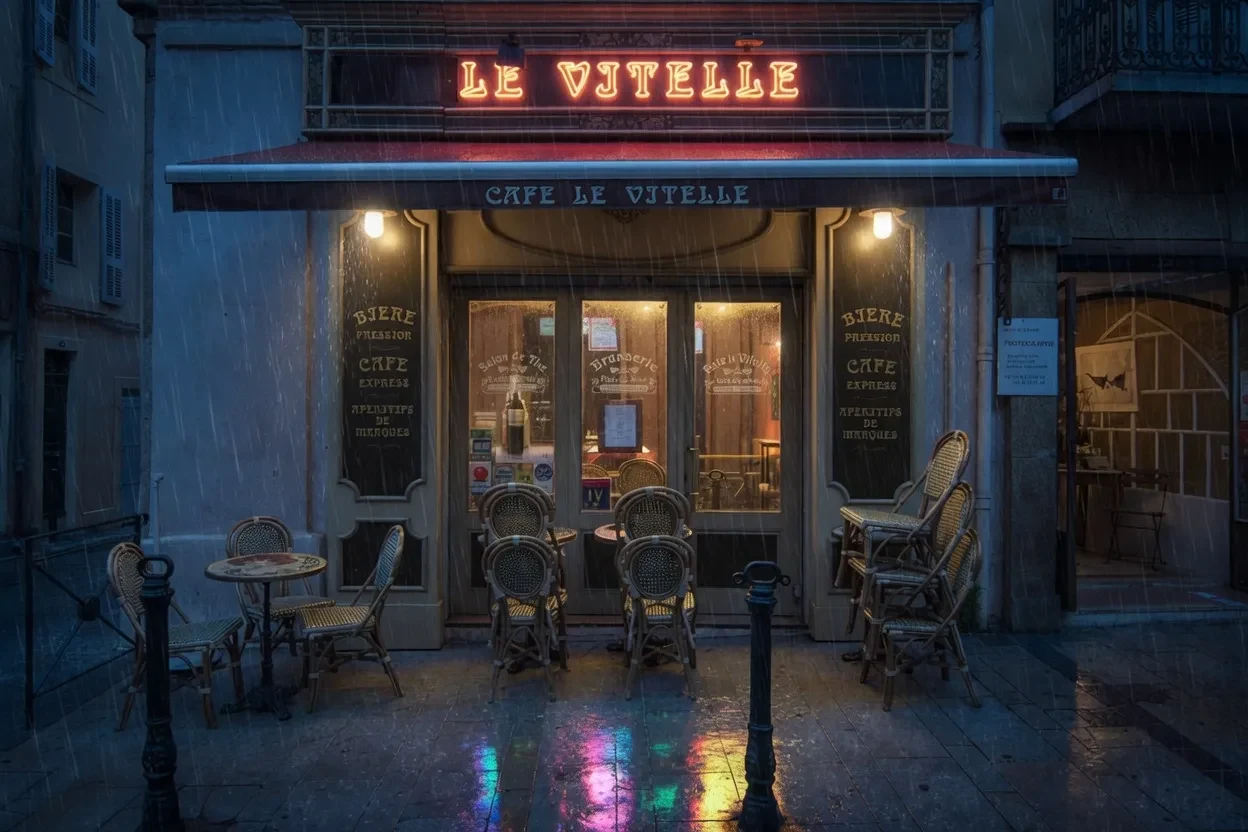 Daytime cafe transformed into a rainy neon night scene by Grok Imagine Quality Edit