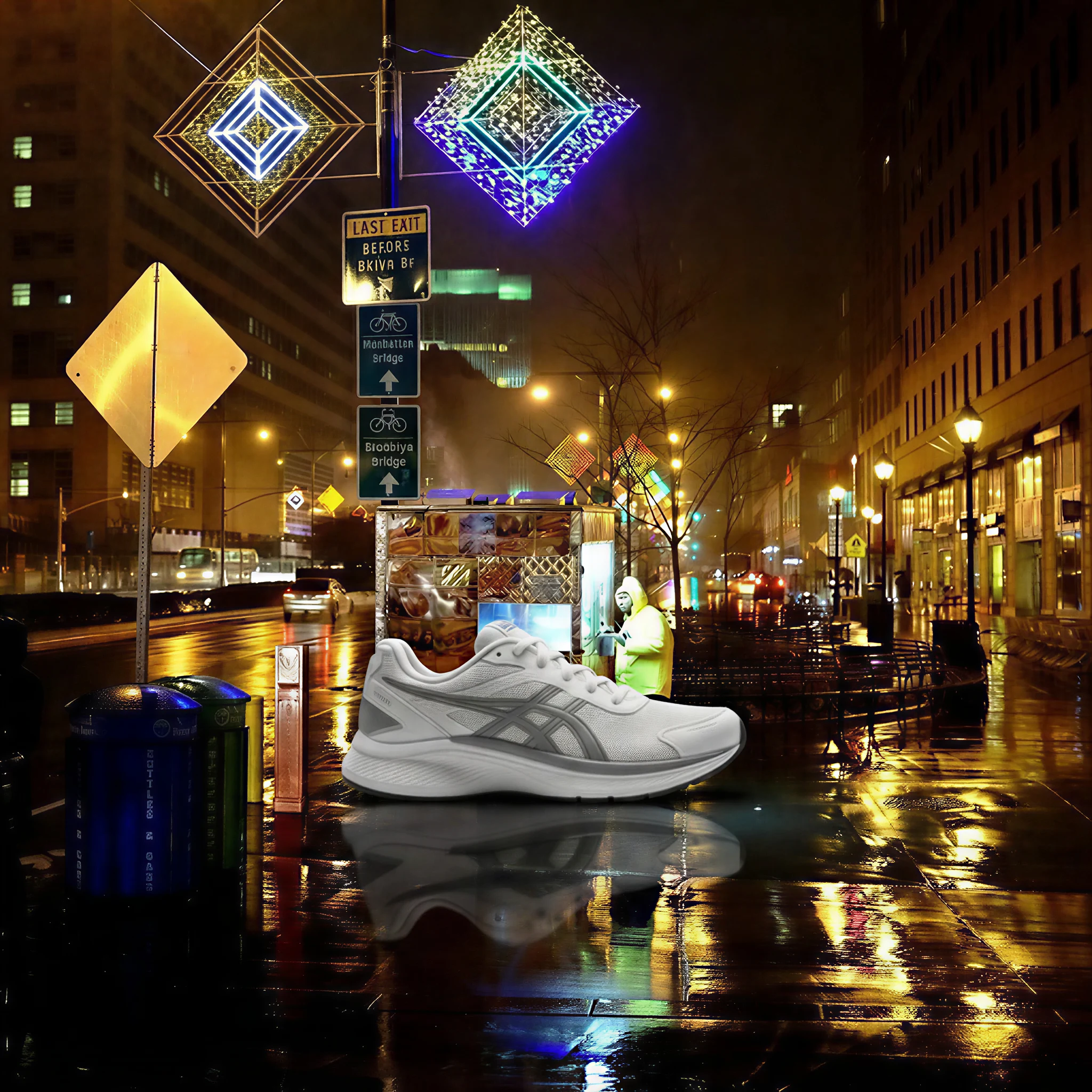 Sneaker composited into a rainy night street scene by Nano Banana 2 Edit using two reference images