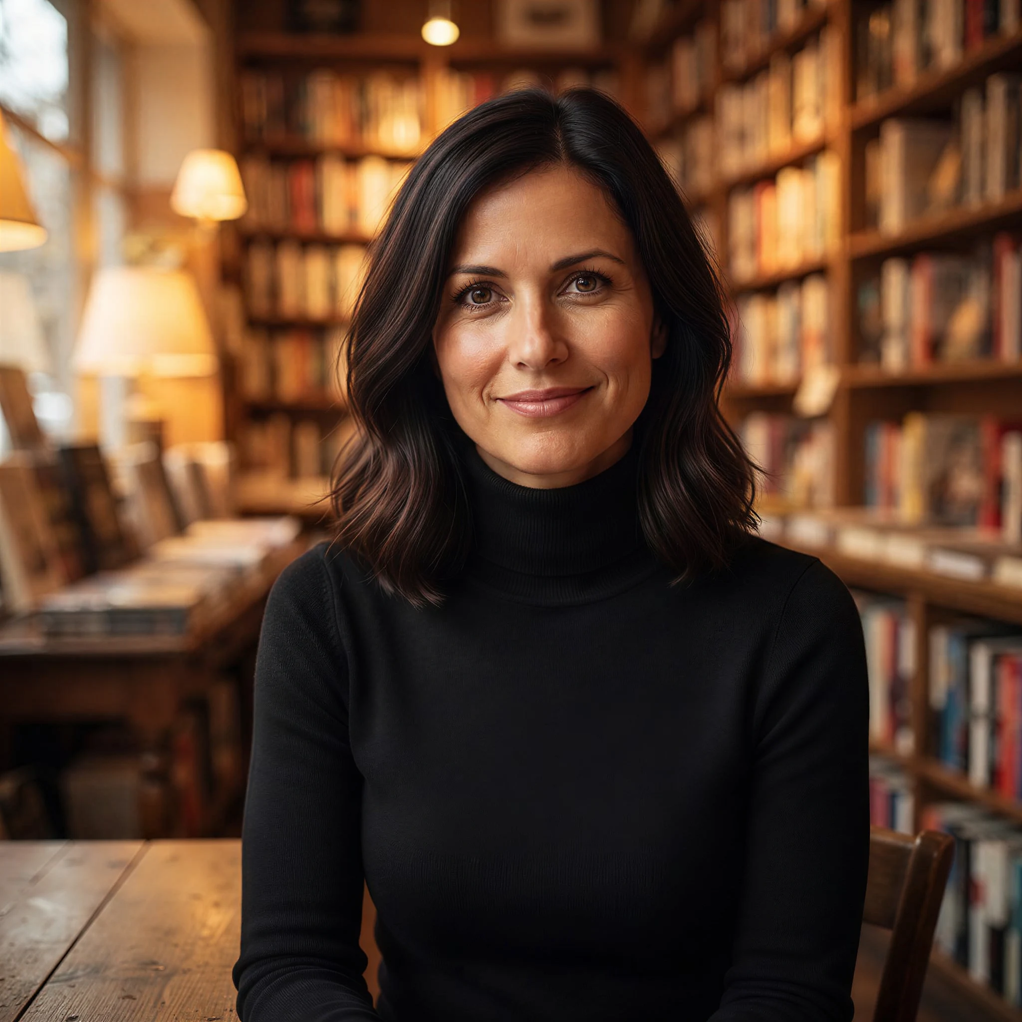 Professional portrait restyled by Nano Banana 2 Edit with a black turtleneck and bookstore background while preserving identity