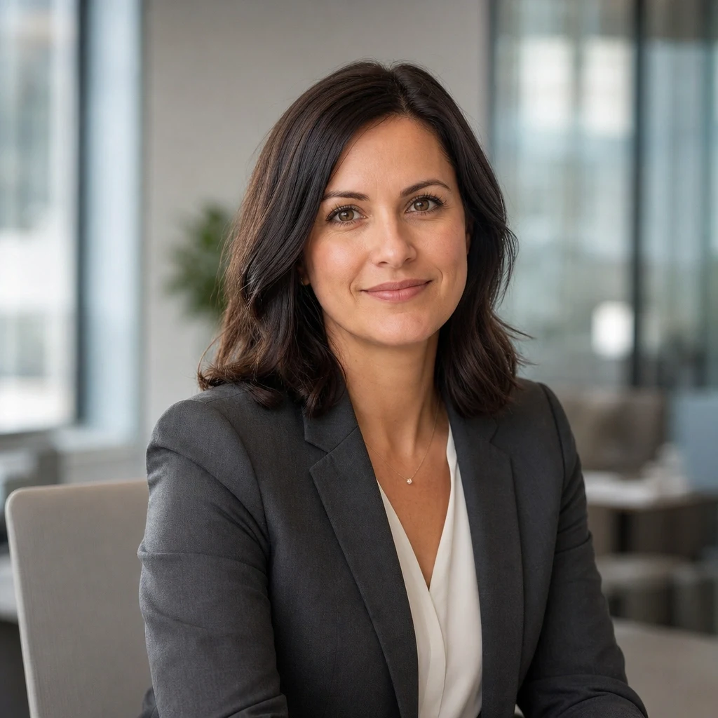 Professional portrait of a woman wearing a charcoal blazer