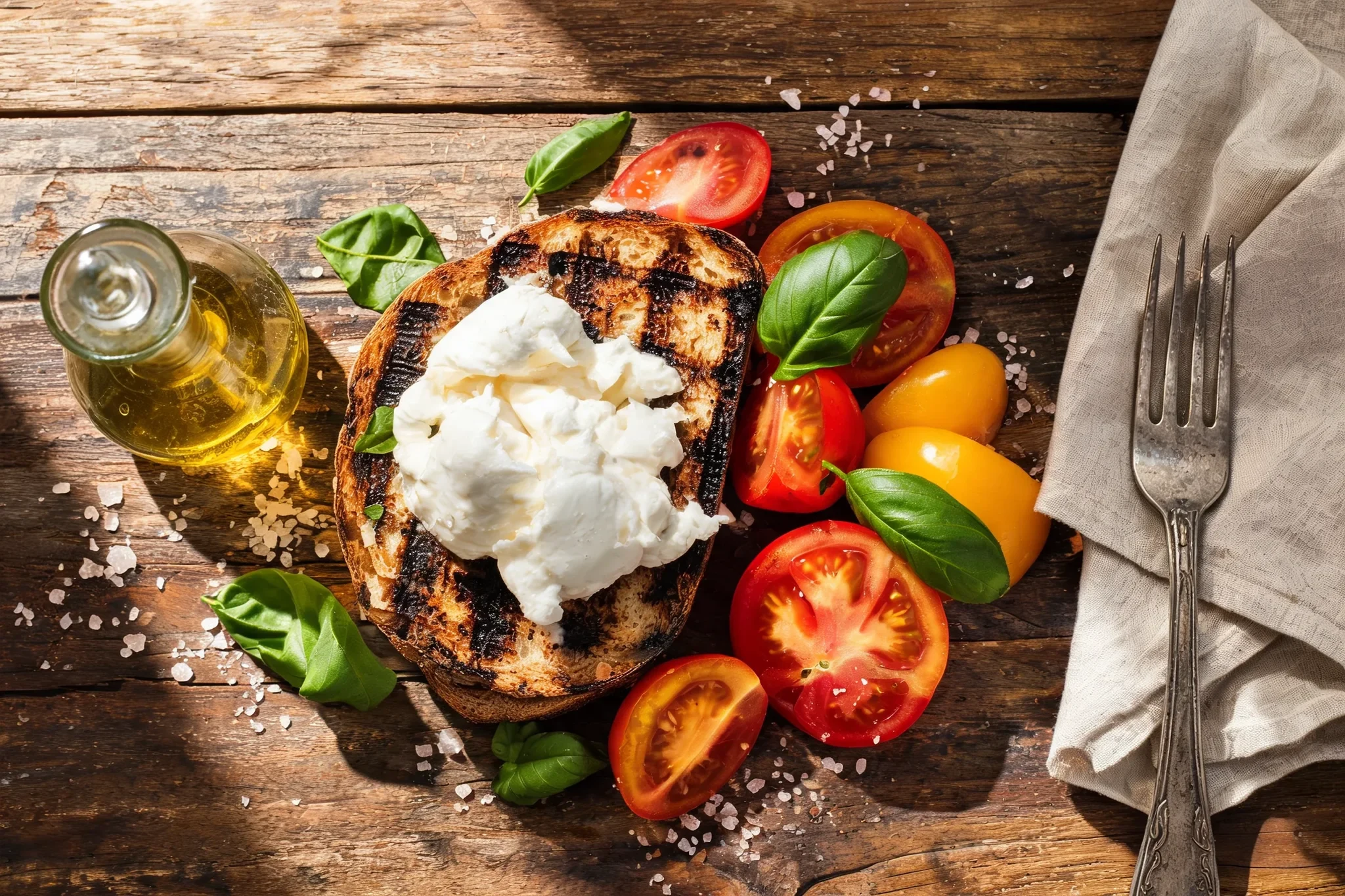Overhead editorial photograph of toast, burrata, tomatoes, and basil
