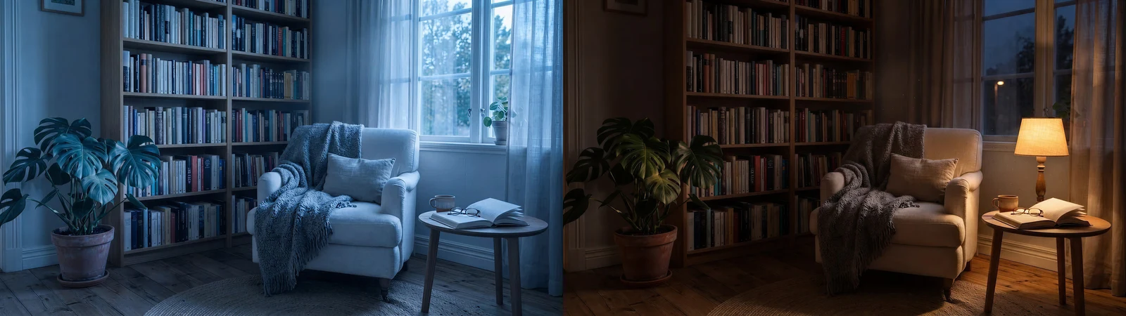 Reading nook relit for morning and evening by Nano Banana 2 Edit with the same layout in both variants