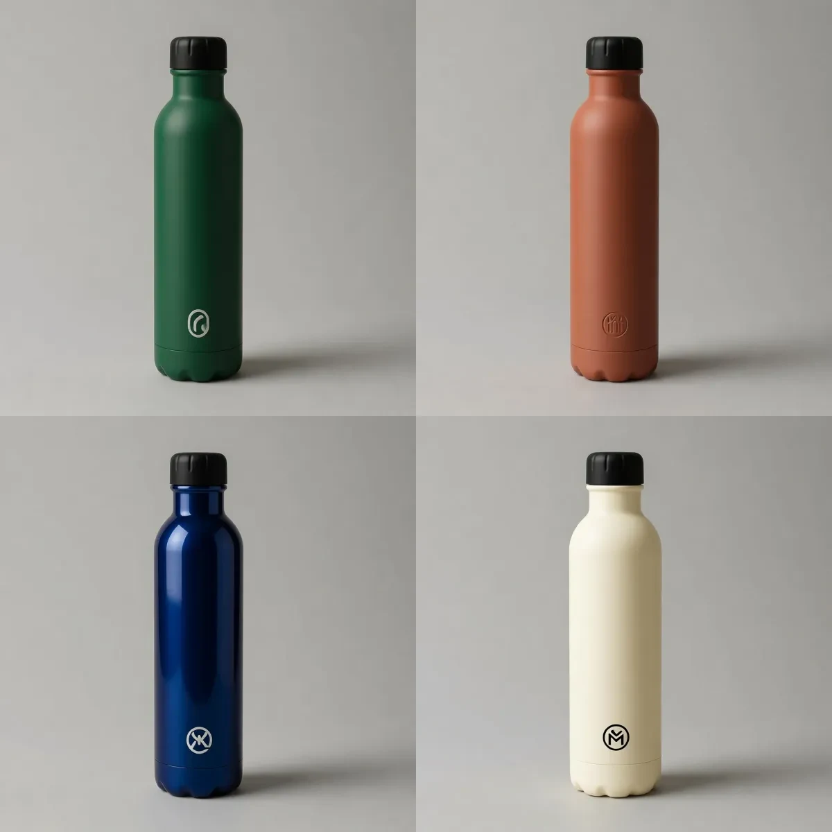 Water bottle shown in four color variants generated by P Image Edit for fast product ideation