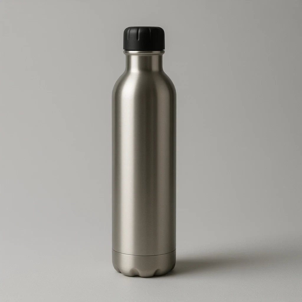 Unbranded stainless steel water bottle on a light gray background