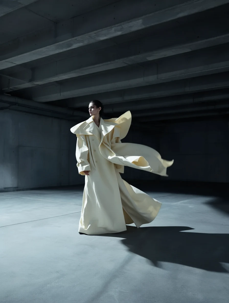 Fashion editorial photo edited with Qwen Image 2.0 Edit using a Chinese instruction to recolor the coat