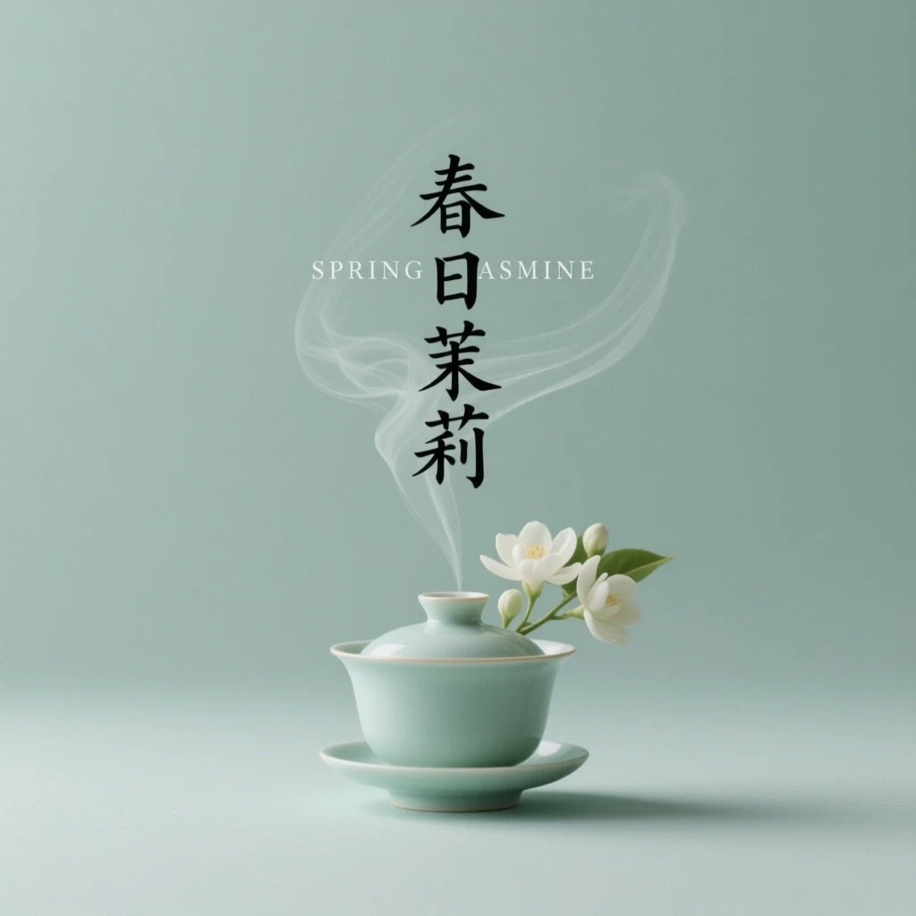 Celadon tea poster reading Spring Jasmine in English and Chinese