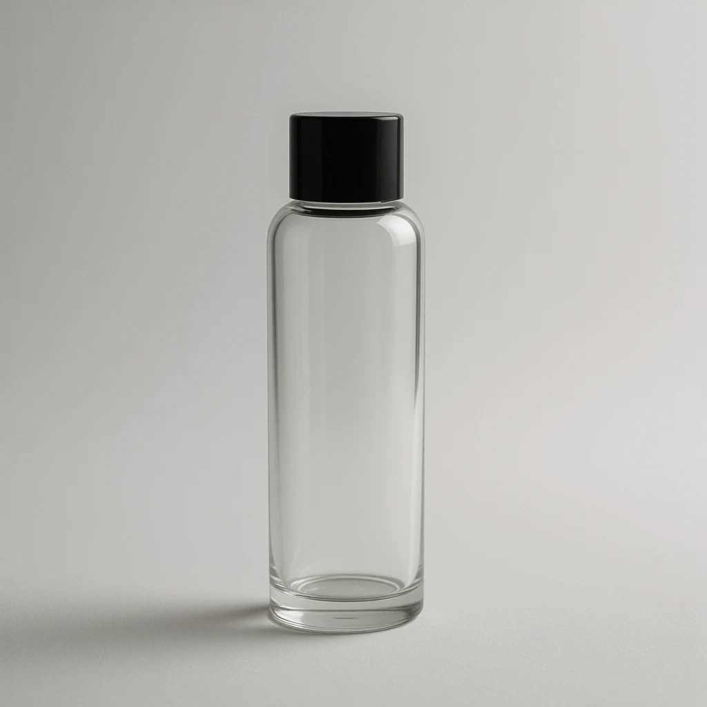 Plain clear glass bottle with a black cap and no label