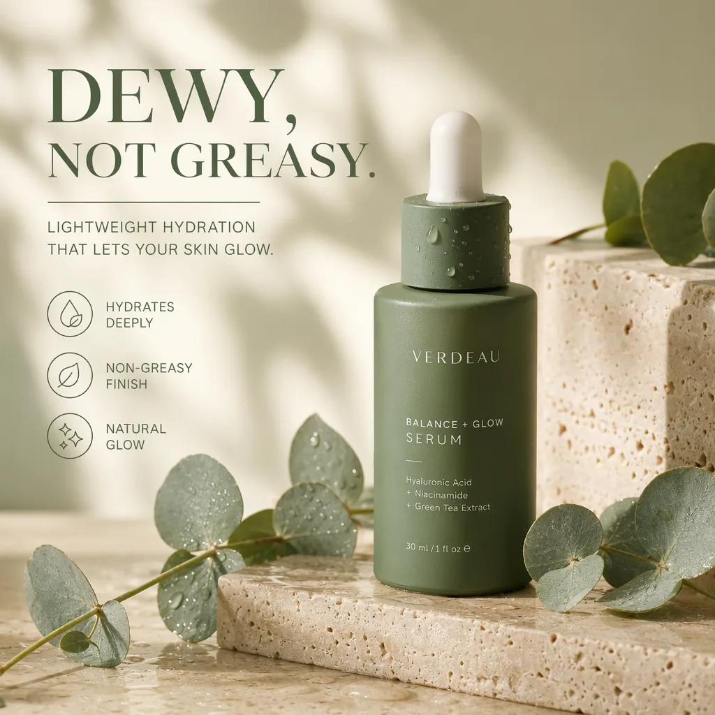 Skincare serum ad with the headline "Dewy, not greasy", generated with GPT Image 2