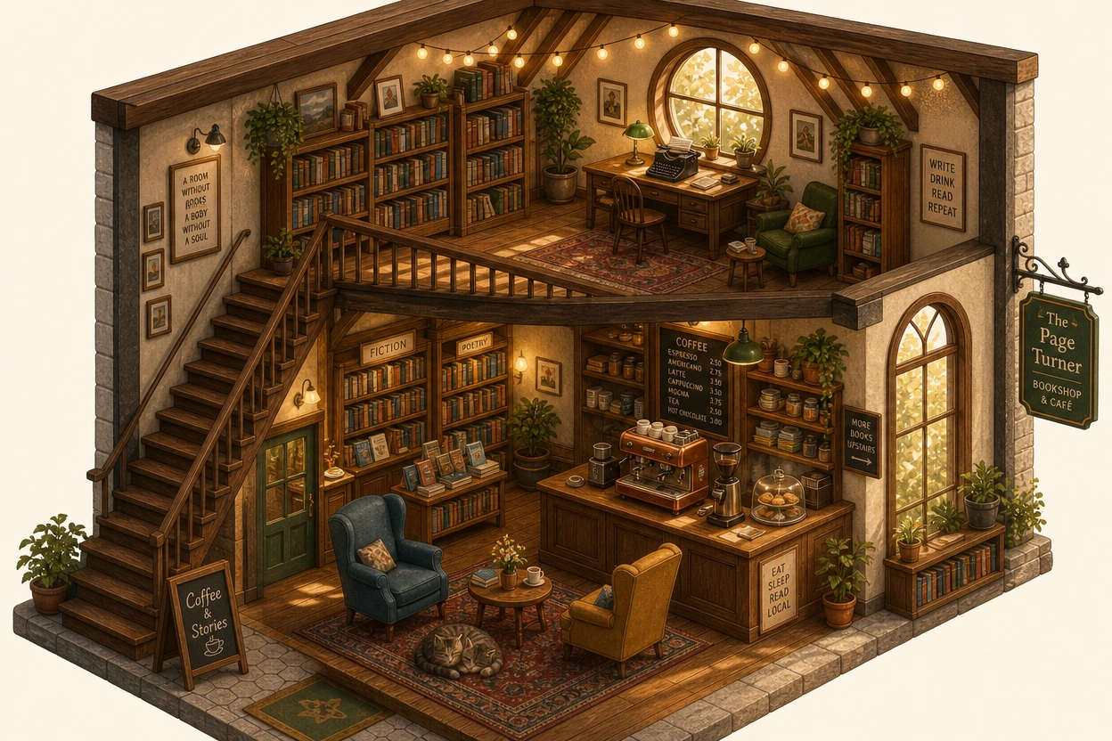 AI-generated isometric cutaway illustration of a two-story bookshop cafe with readers and a cat, created with GPT-Image-2