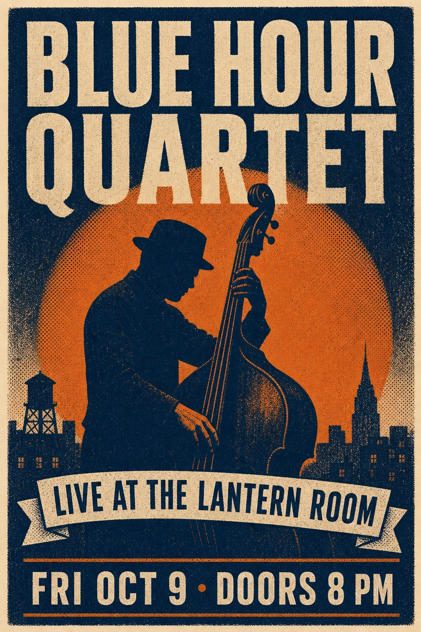 AI-generated jazz concert poster with a double bass silhouette and letterpress typography, created with GPT-Image-2