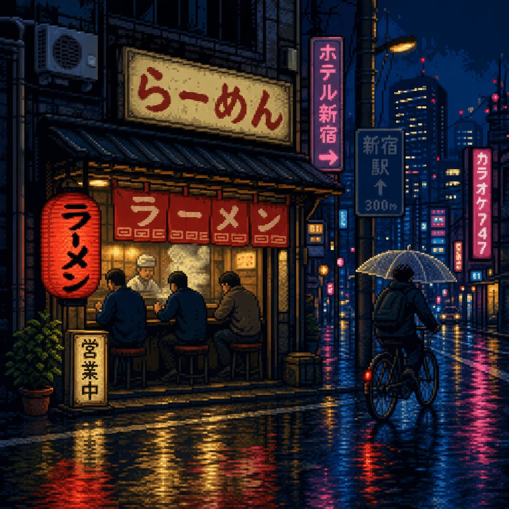 AI-generated 16-bit pixel art of a rainy Tokyo ramen shop at night, created with GPT-Image-2