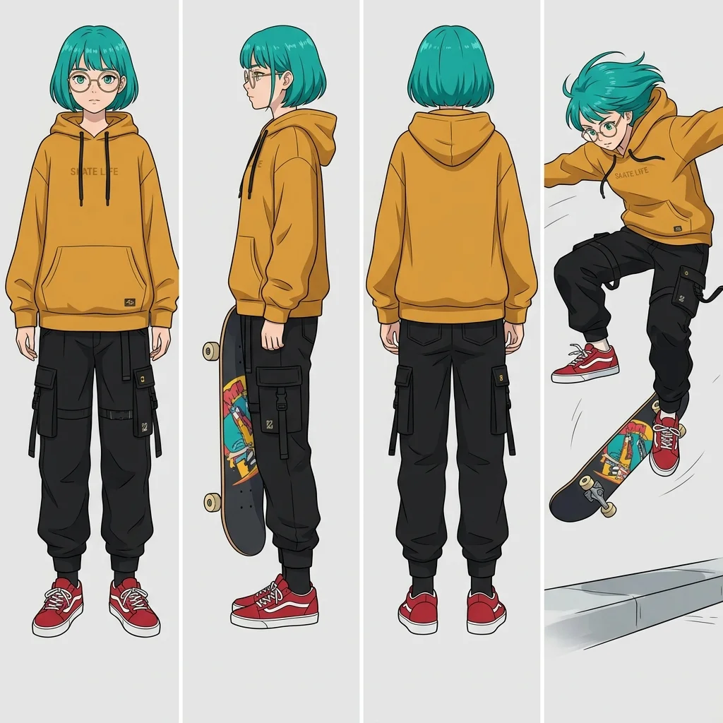 AI-generated character sheet showing the same teal-haired girl in four consistent poses, created with Nano Banana 2
