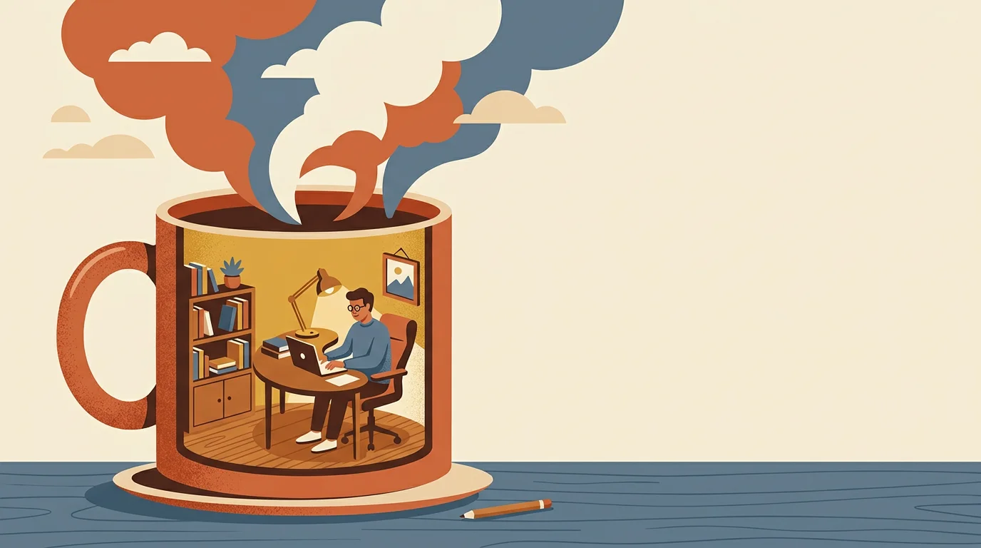 AI-generated flat illustration of a person working on a laptop inside a giant coffee mug, created with Nano Banana 2