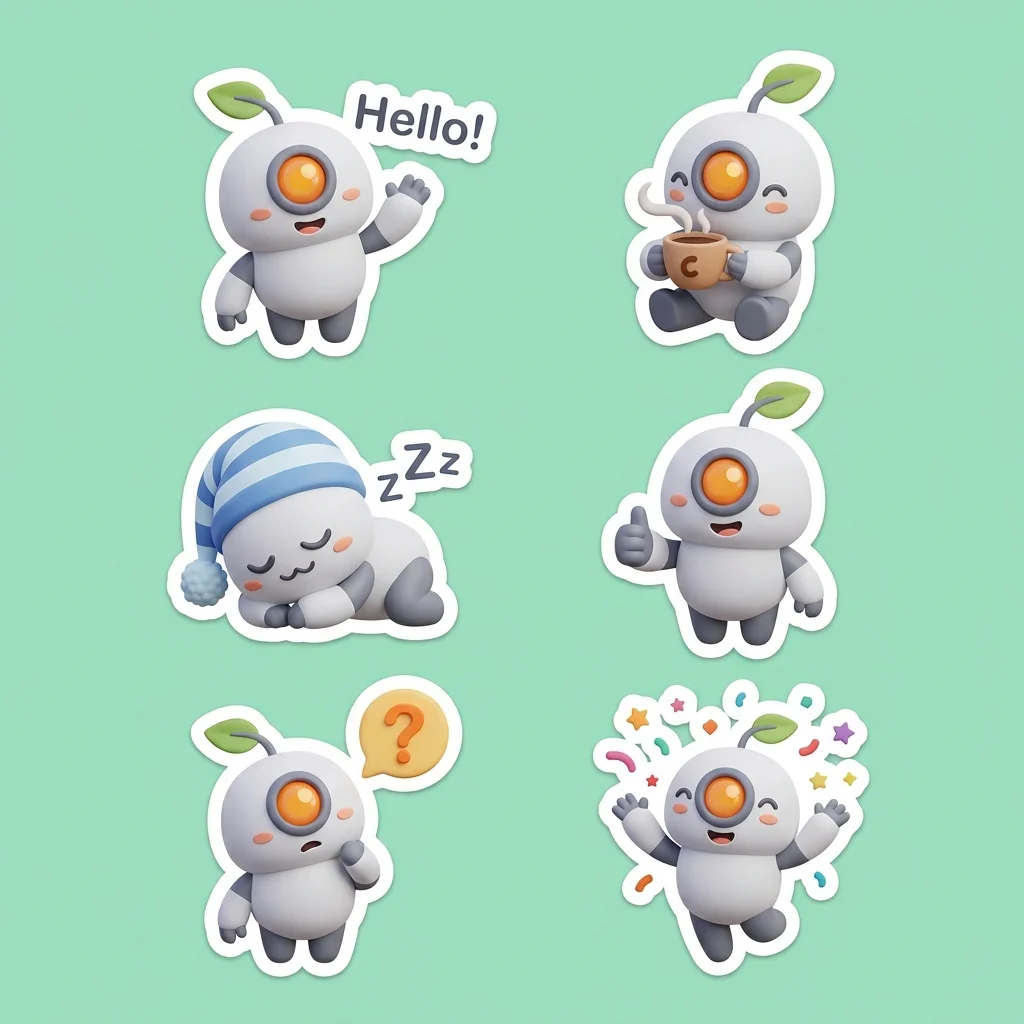 AI-generated sticker pack of a small white robot mascot in six consistent poses, created with Nano Banana 2