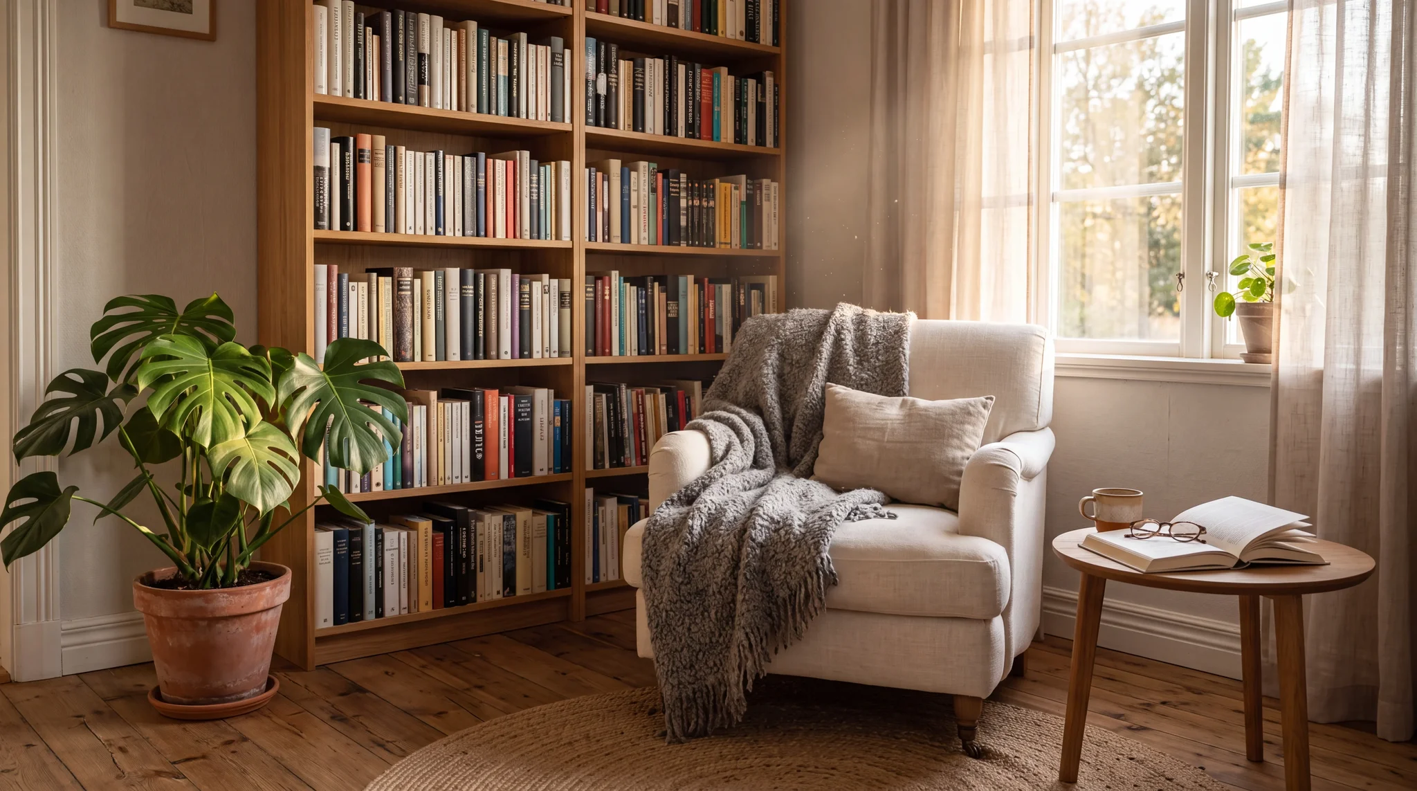 AI-generated photorealistic Scandinavian reading nook with a bookshelf and evening sunlight, created with Nano Banana 2
