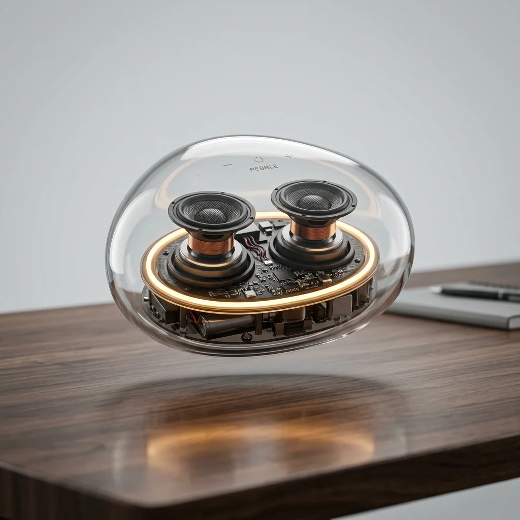 AI-generated concept render of a transparent pebble-shaped wireless speaker on a walnut desk, created with Nano Banana 2