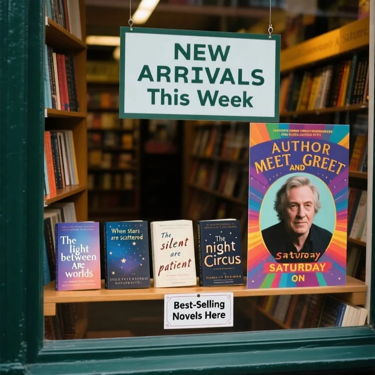 AI-generated bookstore window with readable signs for new arrivals, a meet-and-greet, and four book titles, created with Qwen Image