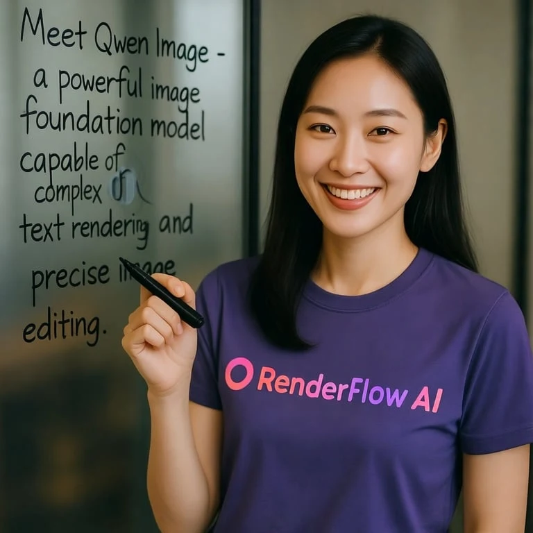 AI-generated Chinese woman wearing a RenderFlow AI T-shirt beside handwritten Qwen Image text, created with Qwen Image
