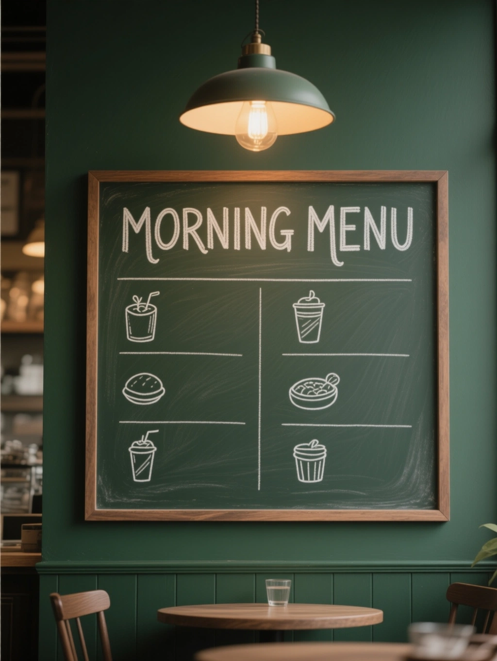 AI-generated artisan cafe chalkboard titled Morning Menu with two columns of food and drink icons, created with Qwen Image