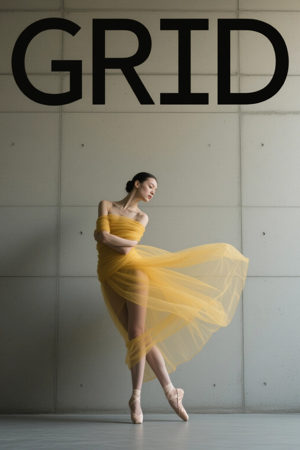 AI-generated minimalist GRID magazine cover with a dancer wrapped in yellow fabric, created with Qwen Image