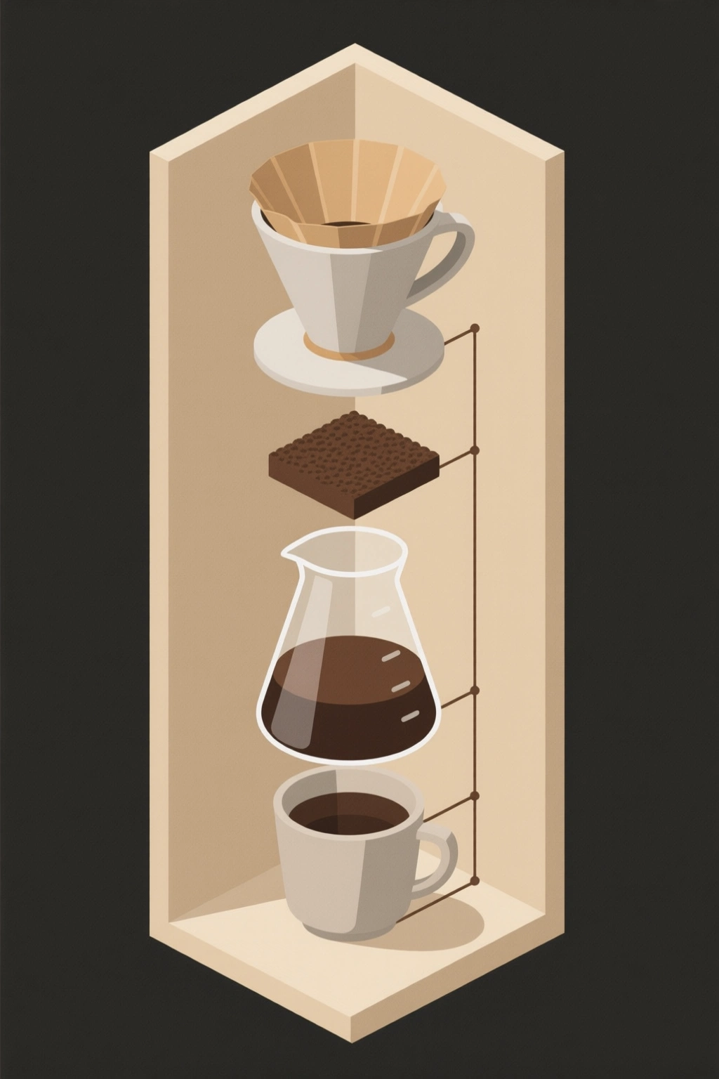 AI-generated exploded-view graphic of a pour-over coffee setup, created with Qwen Image