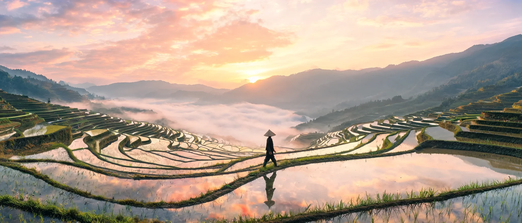 AI-generated panoramic sunrise over misty terraced rice fields with a lone farmer, created with Seedream 5.0